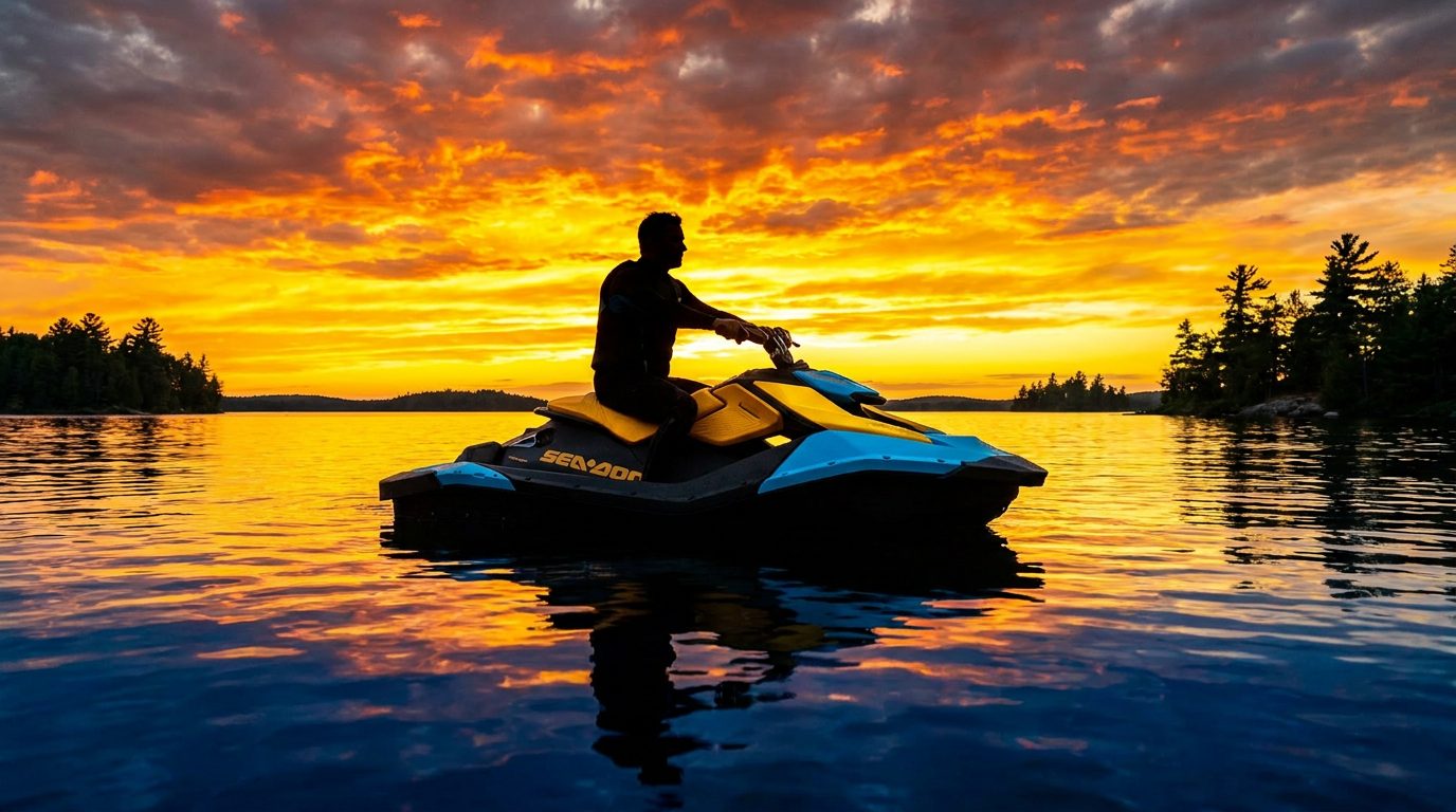 Jet ski silhouette at golden sunset on Ontario lake