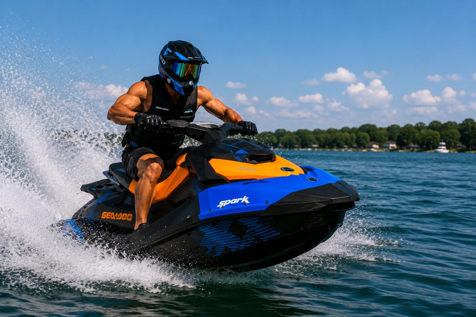 Jet ski riding on Lake Simcoe at sunset